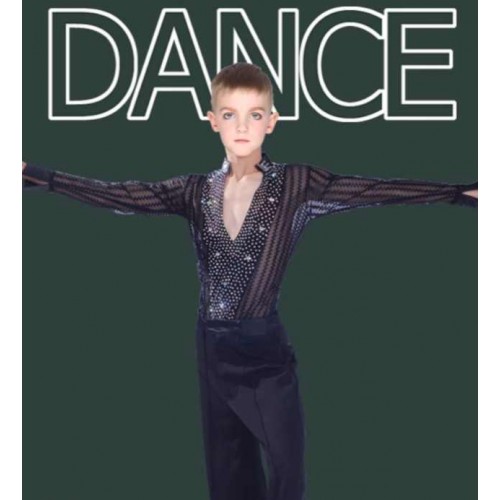 Custom size striped black rhinestones competition latin dance shirts for boys kids ballroom tango modern jazz dance leotard tops for children